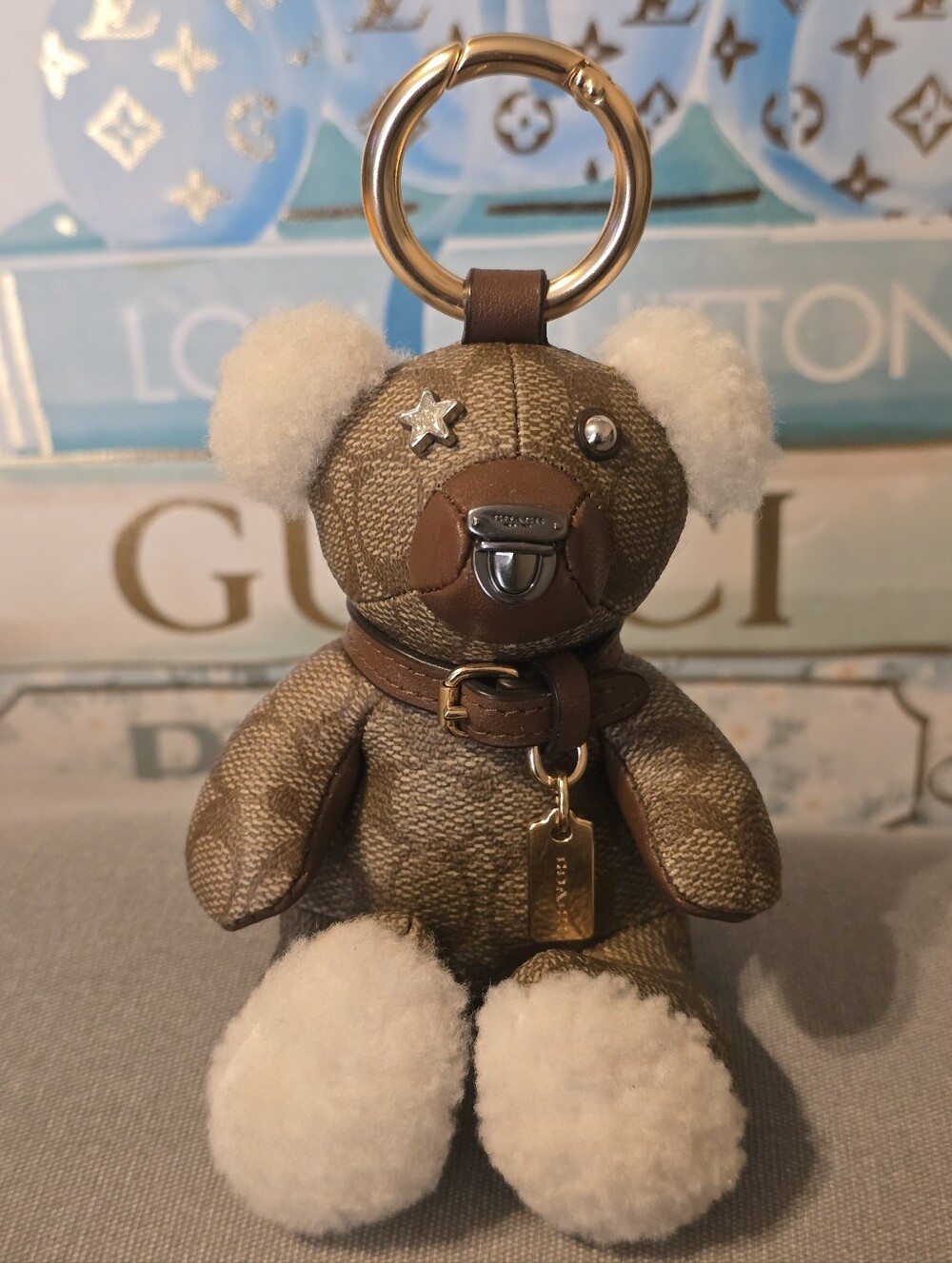 Coach Bear Bag Charm In Signature Canvas Keychain Shearling Khaki Gold white
